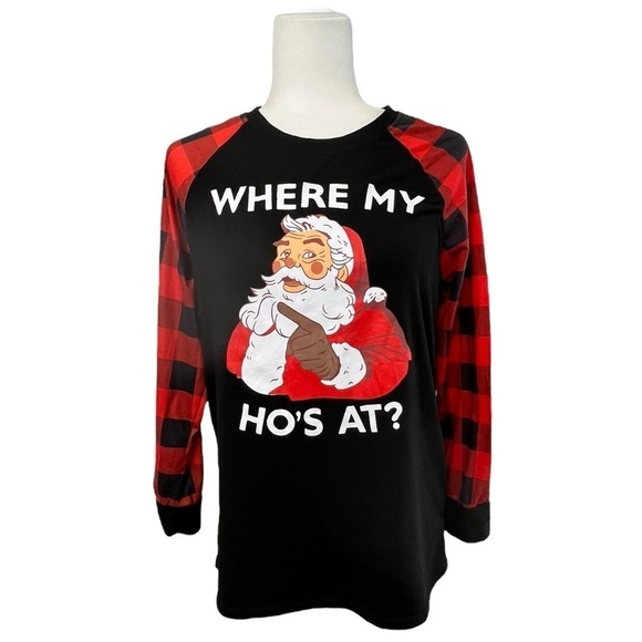 Tops - Black and Red Long Sleeve Funny Graphic Christmas Tee